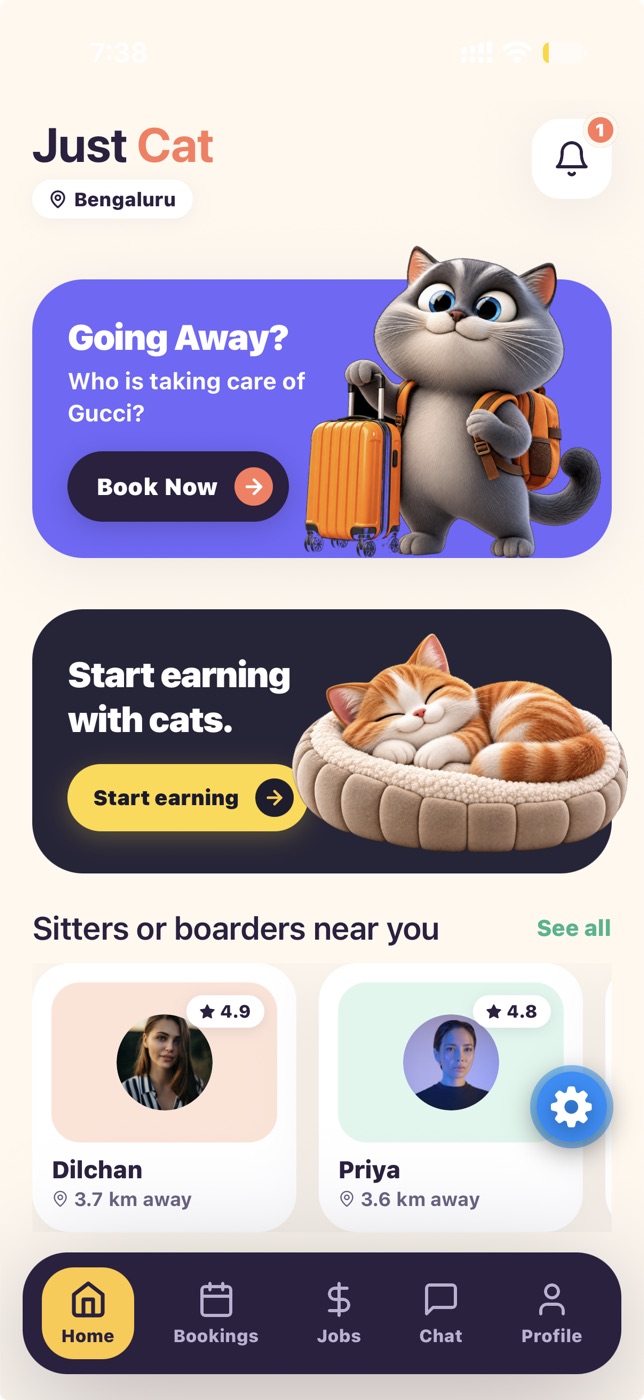 JustCat real mobile app screenshot showing cat sitters and boarding homes